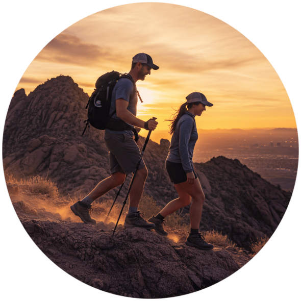 A happy couple hiking a scenic mountain trail near Scottsdale, Arizona, enjoying breathtaking desert views and sunny outdoor adventure.