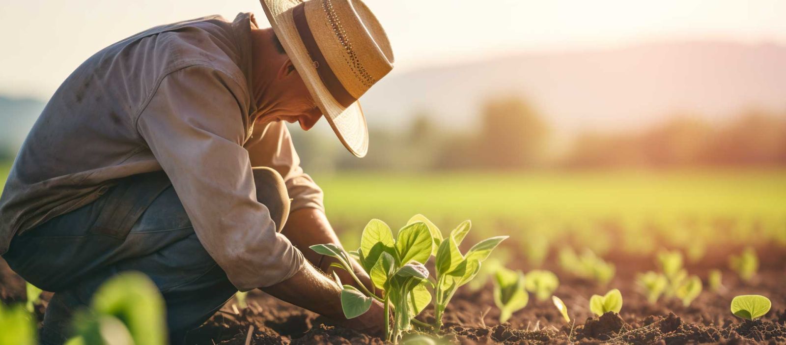 A man wearing a large brimmed hat is squatting in a farm and is closely analyzing the growth of a portion of his crop.
