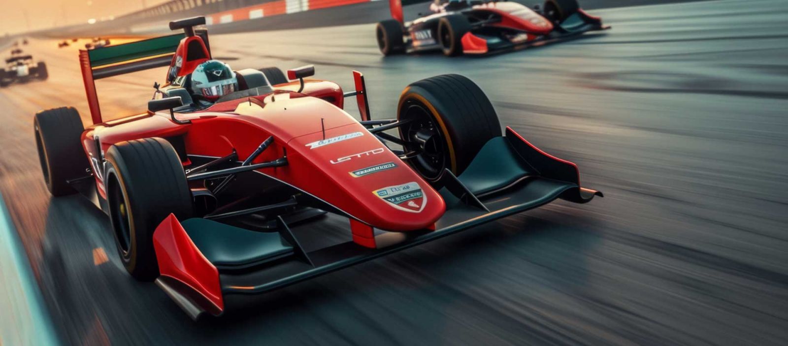 A red Formula 1-style race car driving on an enclosed race track toward the camera, with other cars in hot pursuit.