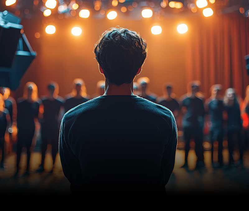 A male actor stands on stage, bathed in bright stage lights, with fellow cast members nearby.