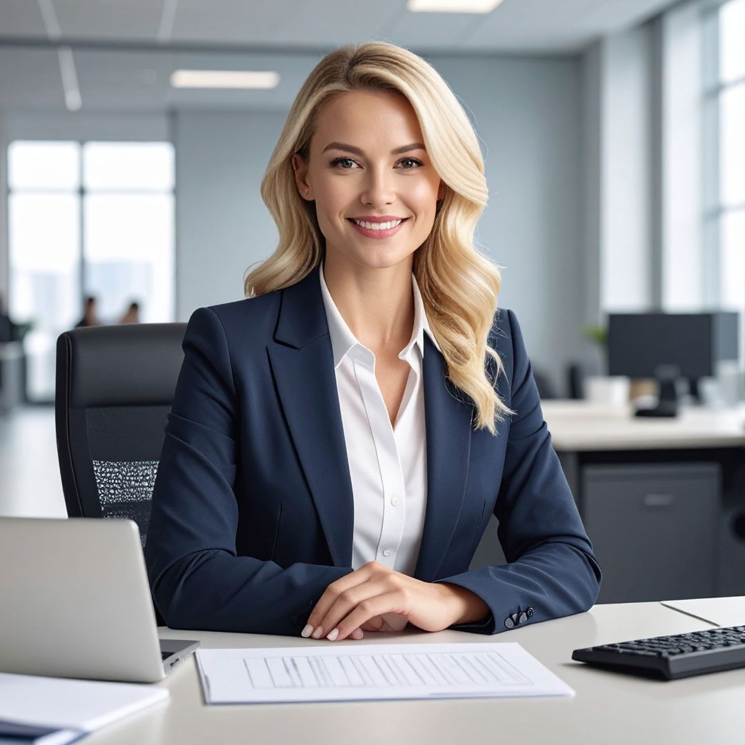 A friendly and professional female accountant sits at her desk, ready to assist with financial planning and tax preparation.